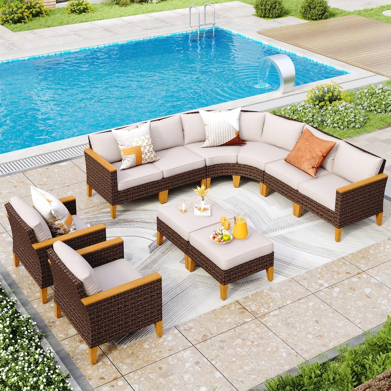 11-Piece Outdoor Wicker Half-Round Furniture Set, Half-Moon Sectional Sofa Set All Weather Rattan Curved Conversation Sets - 10 Seats - Type M