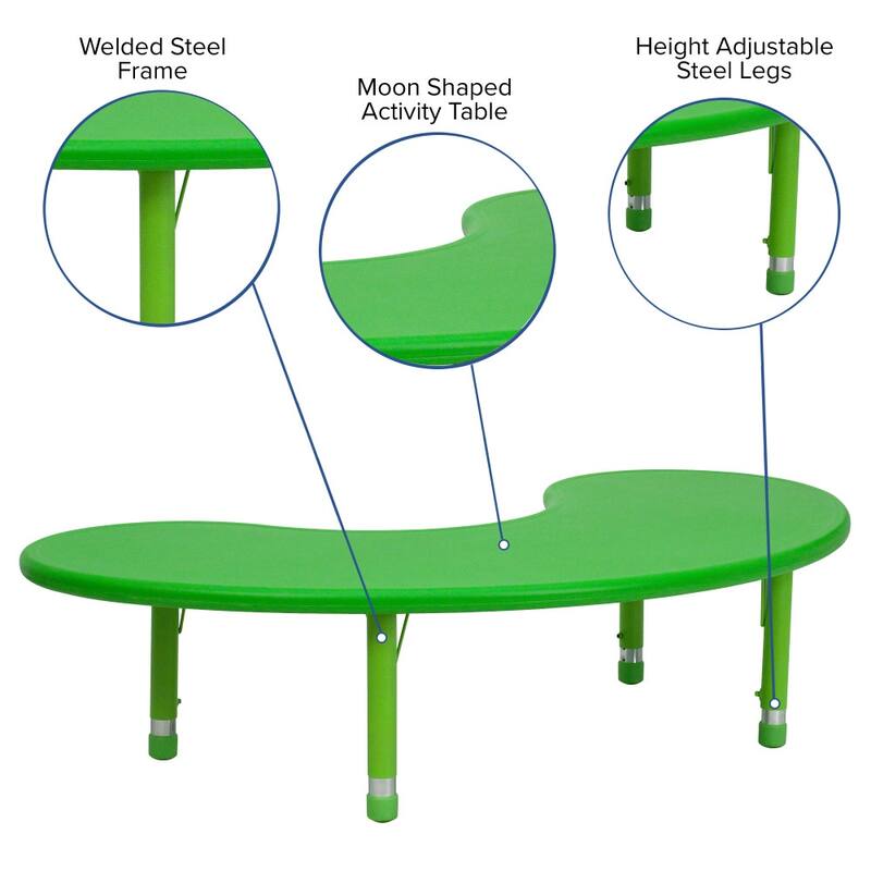 35"Wx65"L Half-Moon Plastic Adjustable Activity Table for 8 - 65"D x 35"W x 14.5" - 23.75"H