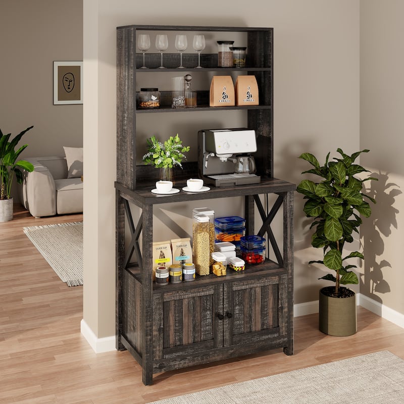 Baker's Rack Coffee Bar Cabinet Microwave Stand Rustic With Power Outlet - Black Oak