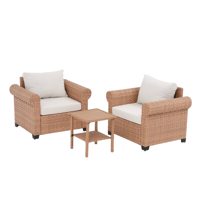 Outdoor Wicker Patio Conversation Set with 2 Armchairs & Side Table