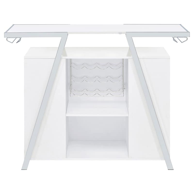 Leo 52 Inch Wine Bar Cabinet with Storage, Shelves, White, Chrome Steel