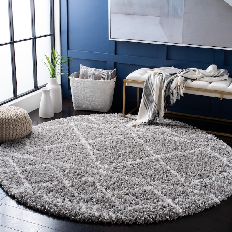 SAFAVIEH Pro Lux Shag Dottie Moroccan Tassel 2.4-inch Thick - 6'7" Round - Grey/Ivory - Runner/Round