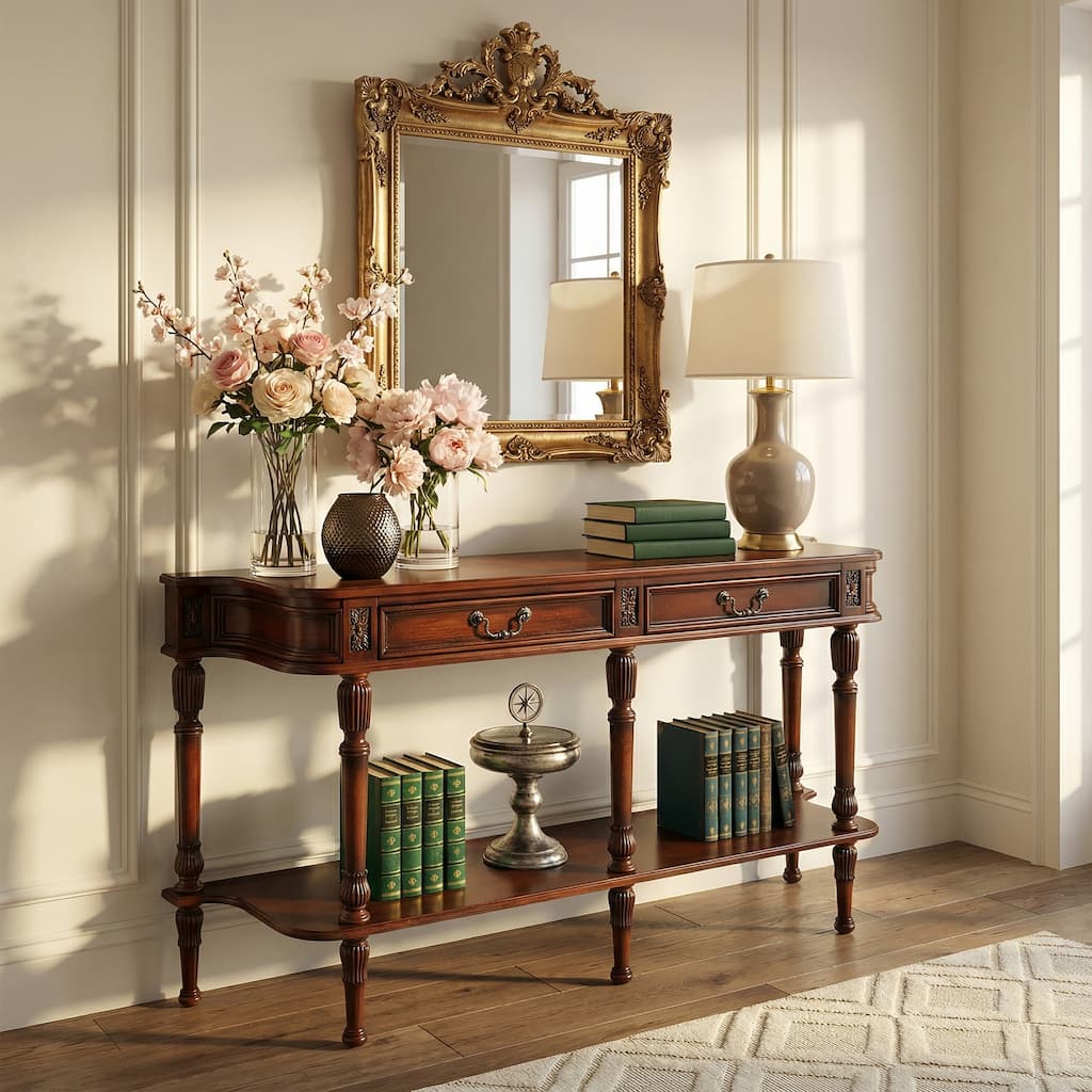 Merrion 60 in. W Rectangular Wood 2 Drawer Traditional Console Table with Lower Open Shelf