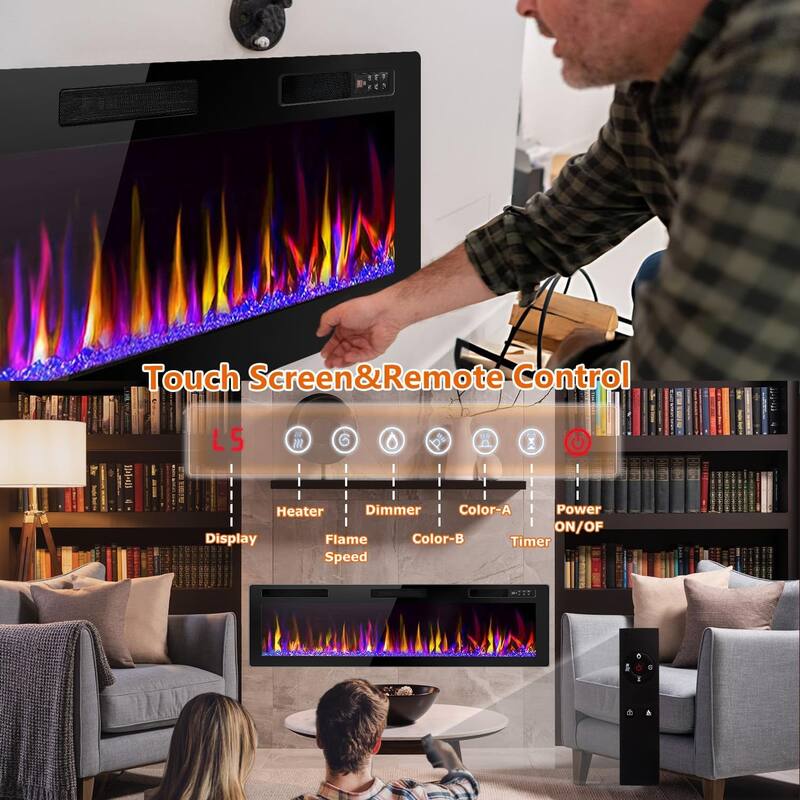 BOSSIN Electric Fireplace - Recessed or Wall Mounted Heater, 750/ 1500W, Adjustable Flame, Remote & Touch Control, Timer
