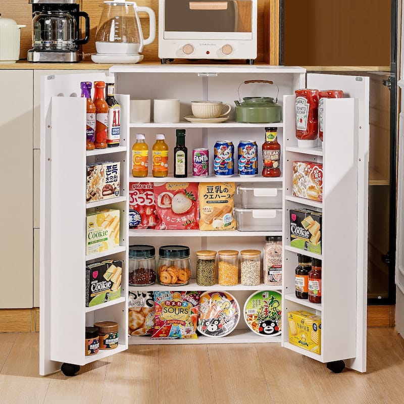 VECELO 35.4" Kitchen Pantry Storage Cabinet Freestanding Bathroom Storage Cabinets Small Food Pantry Cabinet for Dining Room - White