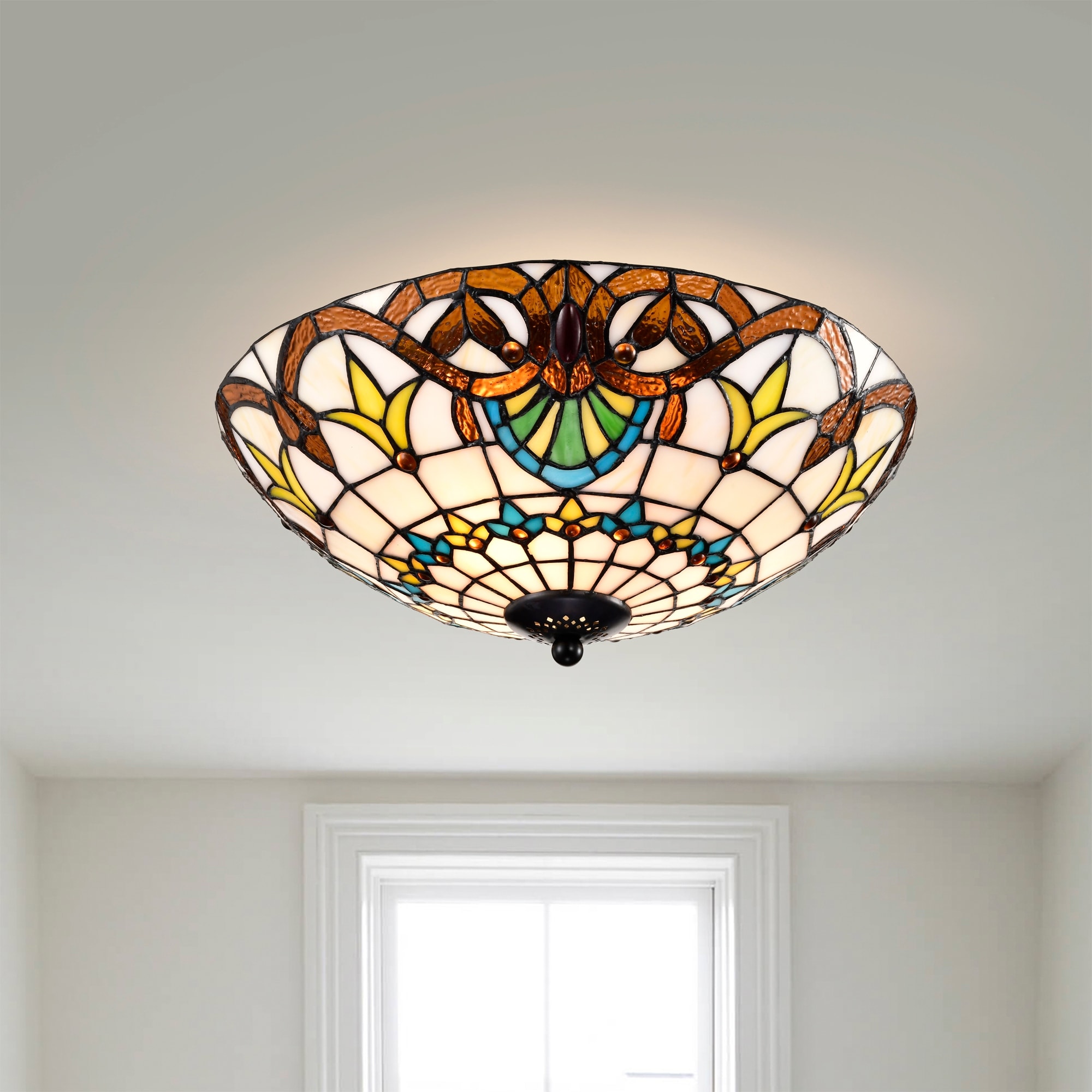 Warehouse of Tiffany Elspeth Ivory Amber Flushmount Ceiling Lamp Tiffany Style Glass Shade. - Ivory-Amber.
