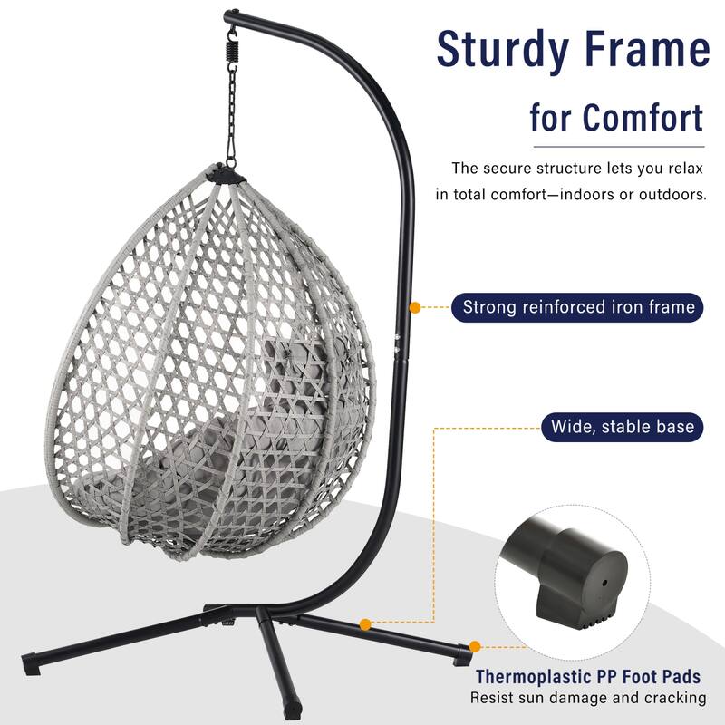 Versatile Egg Chair for Indoor and Outdoor Use, PE Rattan Patio Swing Hanging Chair with Stand and Cushion