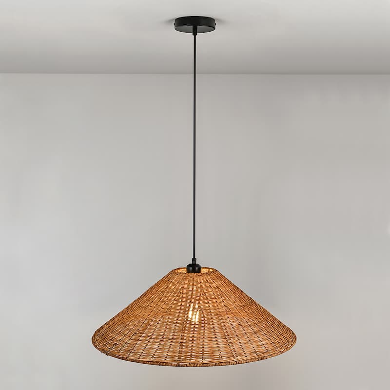 1-Light Farmhouse Straw Hat Hand Woven Chandelier with Natural Rattan Shade