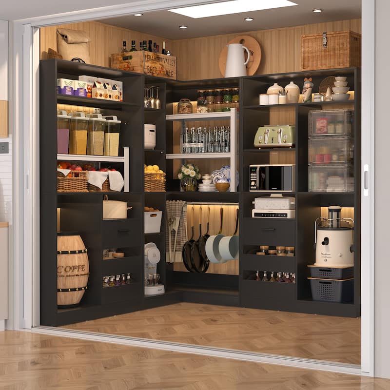 Qvella 72"-108" Closet System with Drawers and Hanging Rods,Freestanding Walk-in Closet Organizer System Wardrobe Closet Tower