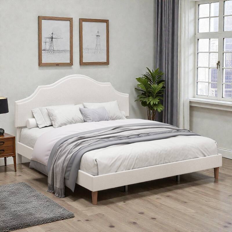 Upholstered Platform Bed Frame with Adjustable Headboard, Linen Fabric Padded, No Box Spring Needed