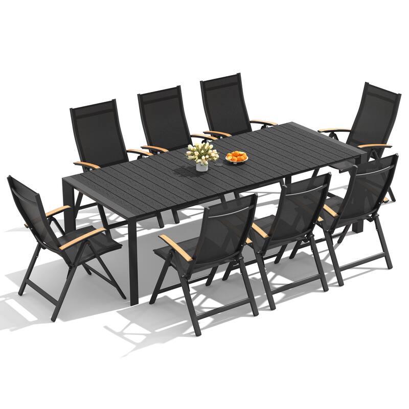 7/9/11-Piece Outdoor Patio Dining Set Aluminum Rectangular Dining Table and Adjustable Folding Chairs