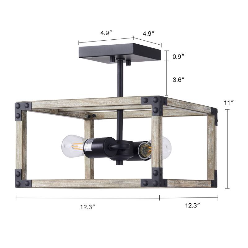CO-Z Industrial 2-Light Caged Square Semi Flush Mount Ceiling Light - 12.3"x12.3"x11"