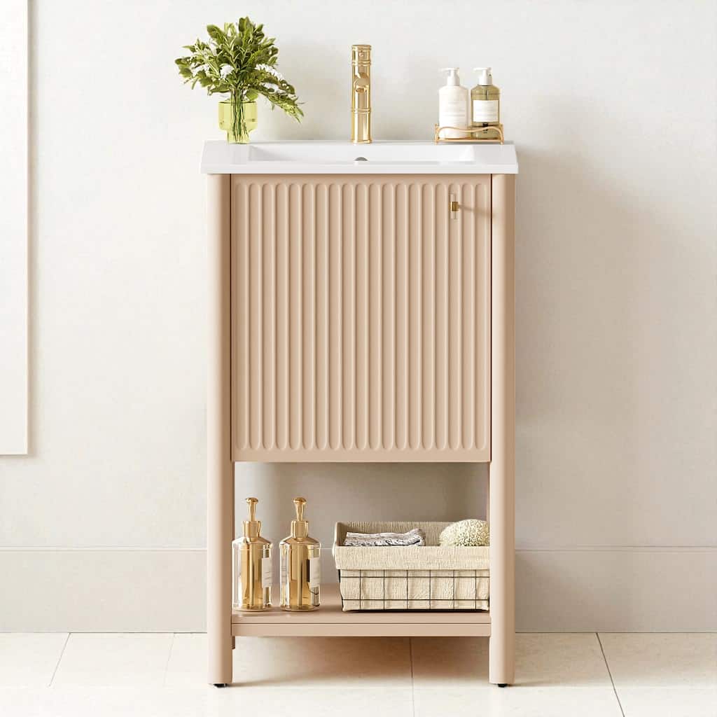 20 Inch Freestanding Bathroom Vanity with Ceramic Sink Soft Close Door Single Cabinet MDF Storage