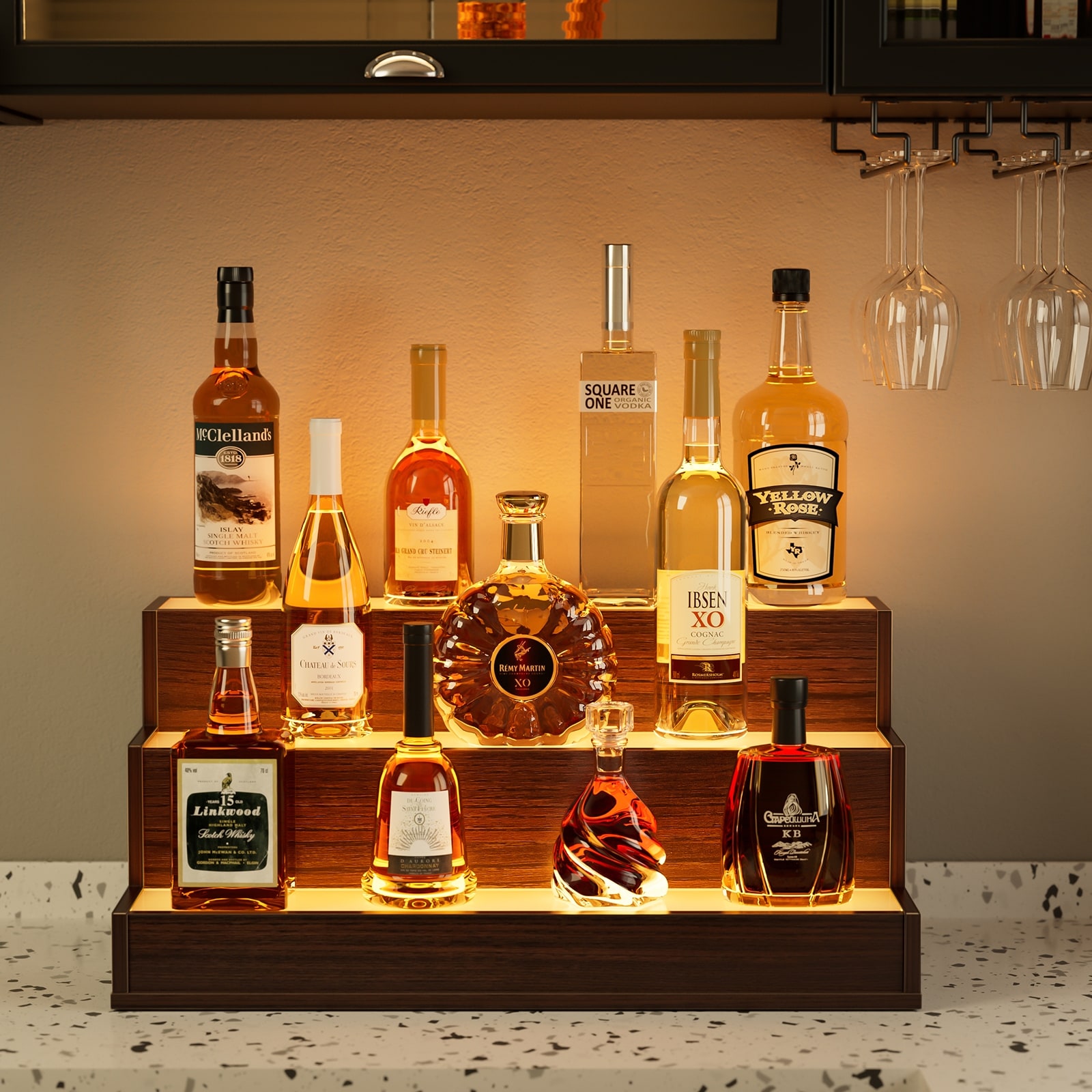 LED Light Wine Bakers Rack with Remote Control, 3-Tier Liquor Bottle Display Shelves, Walnut Countertop Wine Storage Shelf