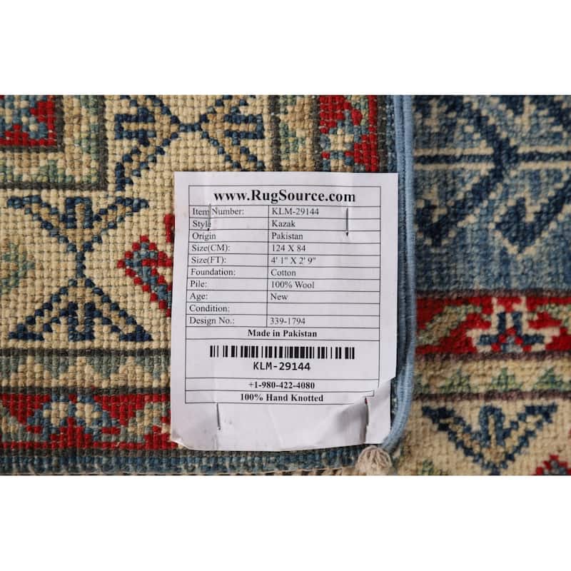 Light Blue Kazak Foyer Rug Hand-Knotted Geometric Wool Carpet - 2'9" x 4'1"