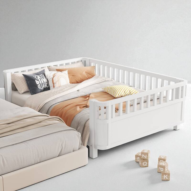 Twin/Full Size White Wood Platform Bed for Kids with Guardrails, Low Profile Toddler Bed Frame for Boys and Girls