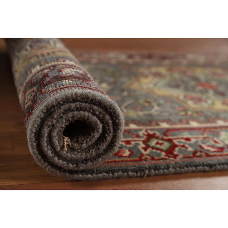 Hand Knotted Oriental 100% Wool Carpet Traditional Geometric Greys & Charcoal Heriz (serapi) Runner Rug - 7' 11'' X 2' 7''
