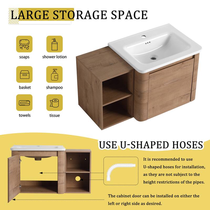 36'' Wall-Mounted Bathroom Vanity with White Ceramic Sink and Storage Shelves & 1-Soft-Close Door, KD-Packing, Plywood