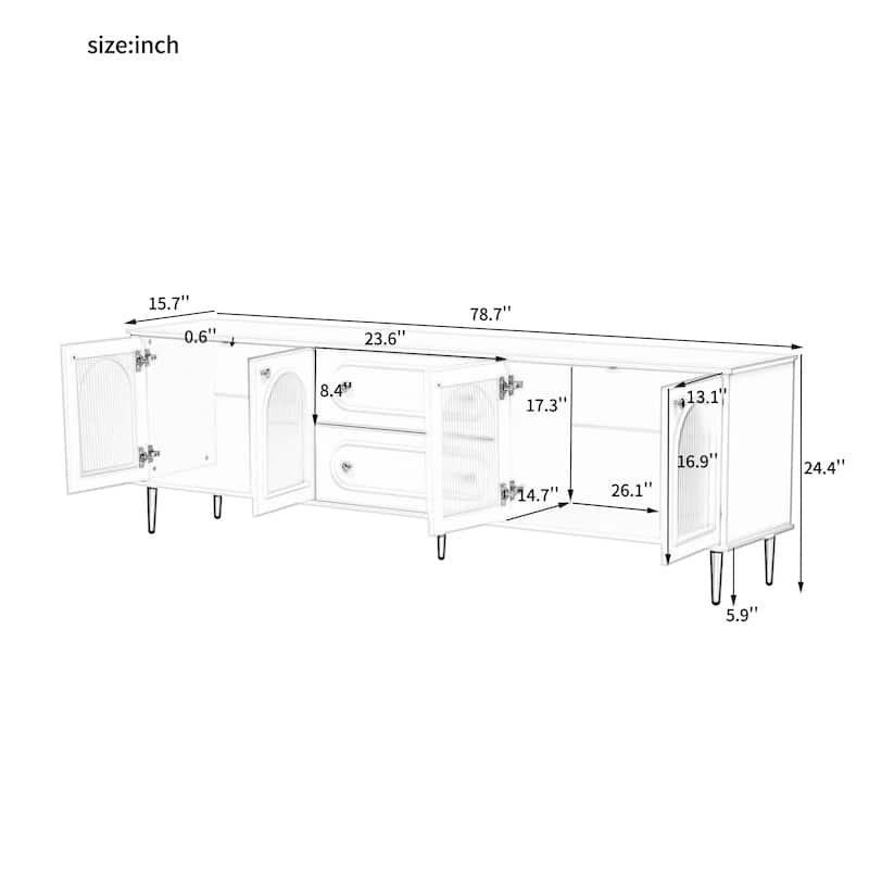 78.7" Modern TV Stand with Fluted Glass Doors, Metal Legs, 2 Drawers and 2 Cabinets, Media Console for TVs up to 80"
