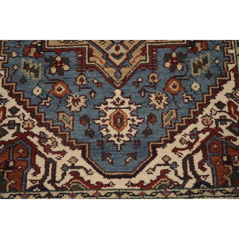 Hand Knotted Oriental 100% Wool Carpet Traditional Medallion Navy Blue & Blues Heriz (serapi) Area Rug - 5' 10'' X 4' 0''