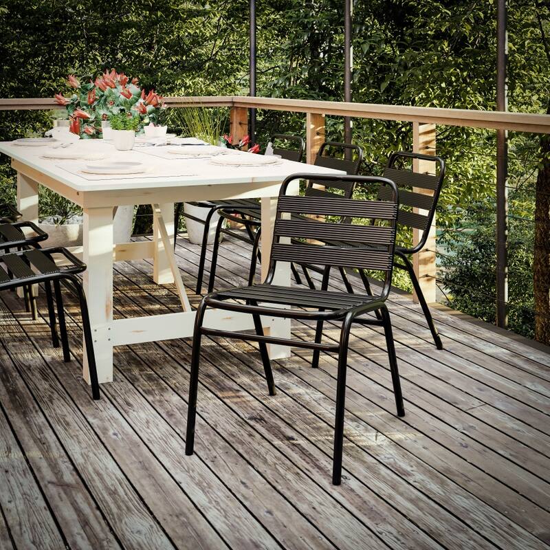 Commercial Aluminum Indoor-Outdoor Restaurant Stack Chair with Triple Slat Back - Black