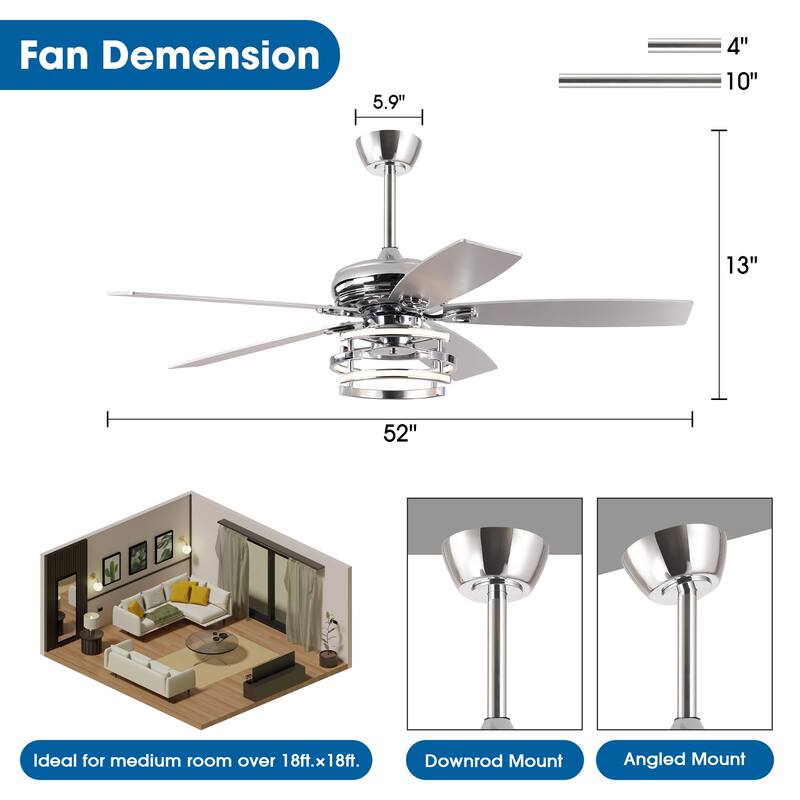 52" Farmhouse Chrome Integrated LED Dimmable Ceiling Fan with Light and Remote - 52 in. W x 52 in. D x 13 in. H