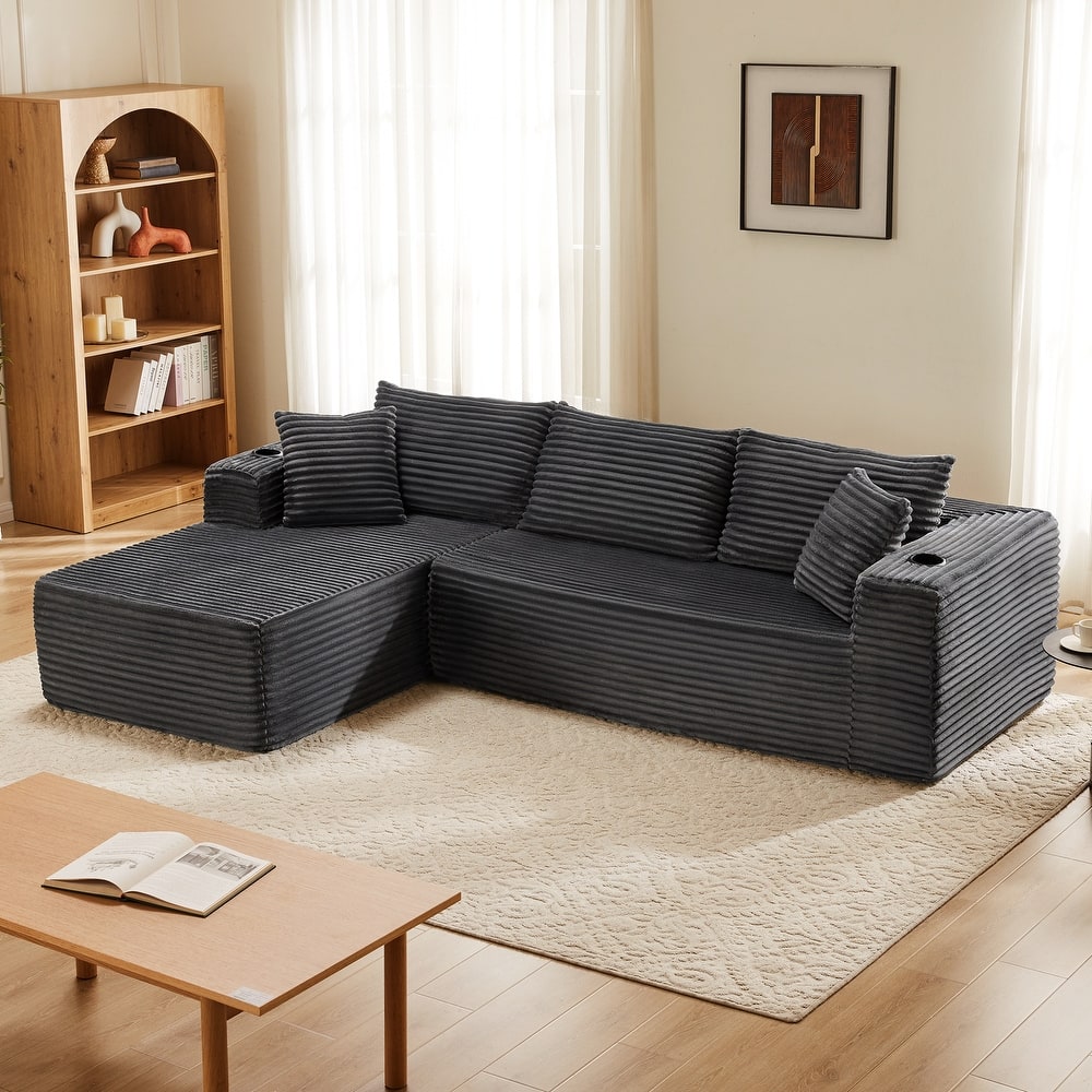 104" Upholstered No-Assembly Modular Sofa Chaise Sofa with Cupholders, Free Combination