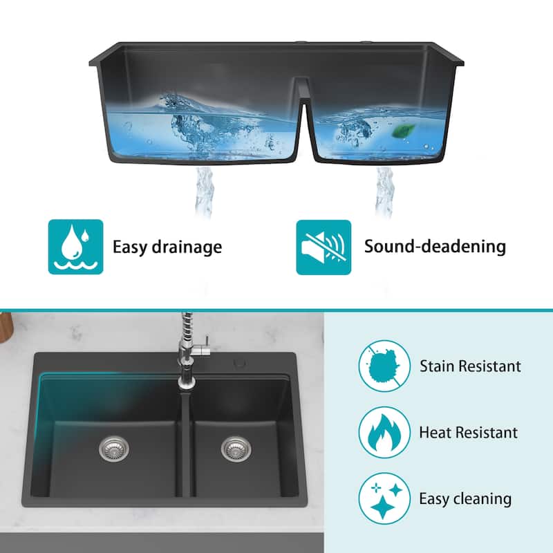 33 Inch Drop-in Double Bowl Quartz Kitchen Sink - 33'' x 22'' x 9.65''