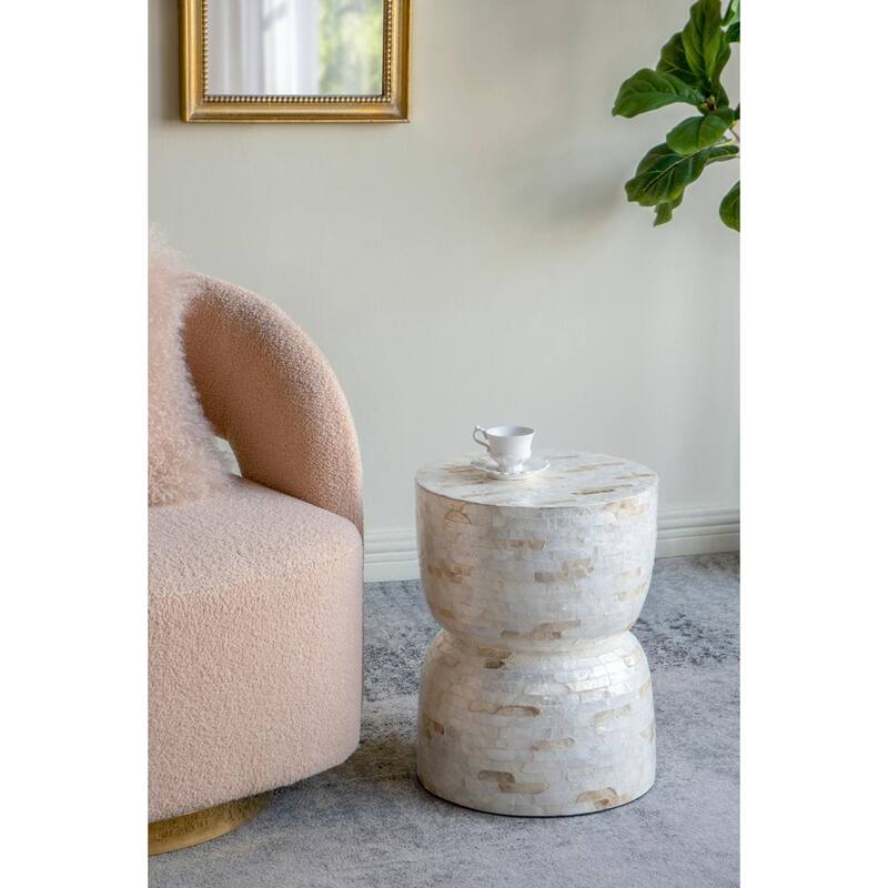 ​Decorative Hourglass Stool - Gold/White Capiz Finish, End Table, Side Table - 14x14x18"