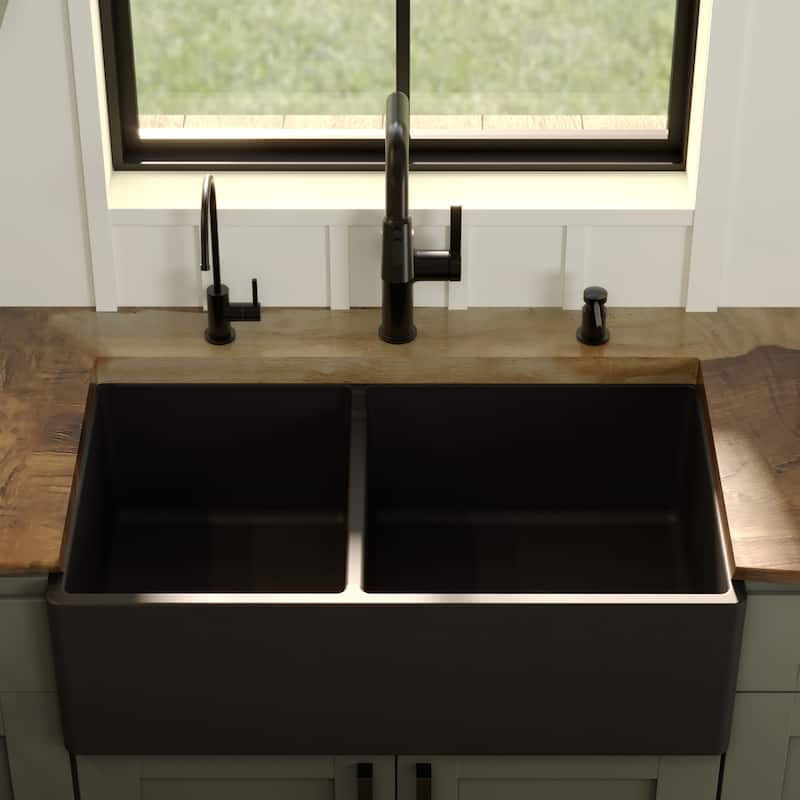 Karran 33" Double Bowl Panel Front Farmhouse Fireclay Kitchen Sink with Reversible Apron Front