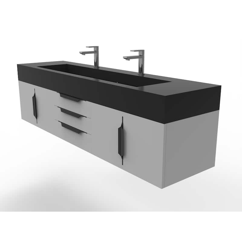 Nile 72" Wall Mounted Bathroom Vanity Set w/ Black Top