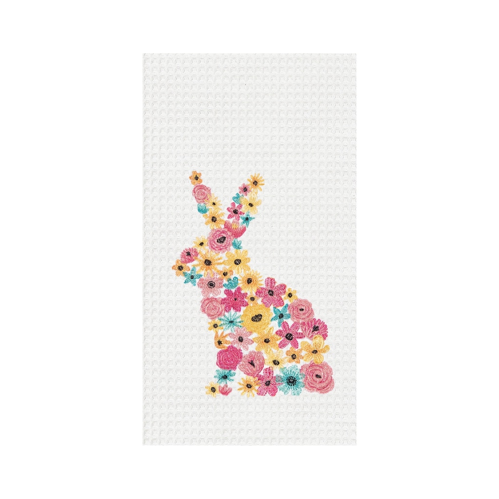 Bunny Rabbit Floral Flower Design Easter Spring Theme Embroidered Waffle Weave Kitchen Dishtowel