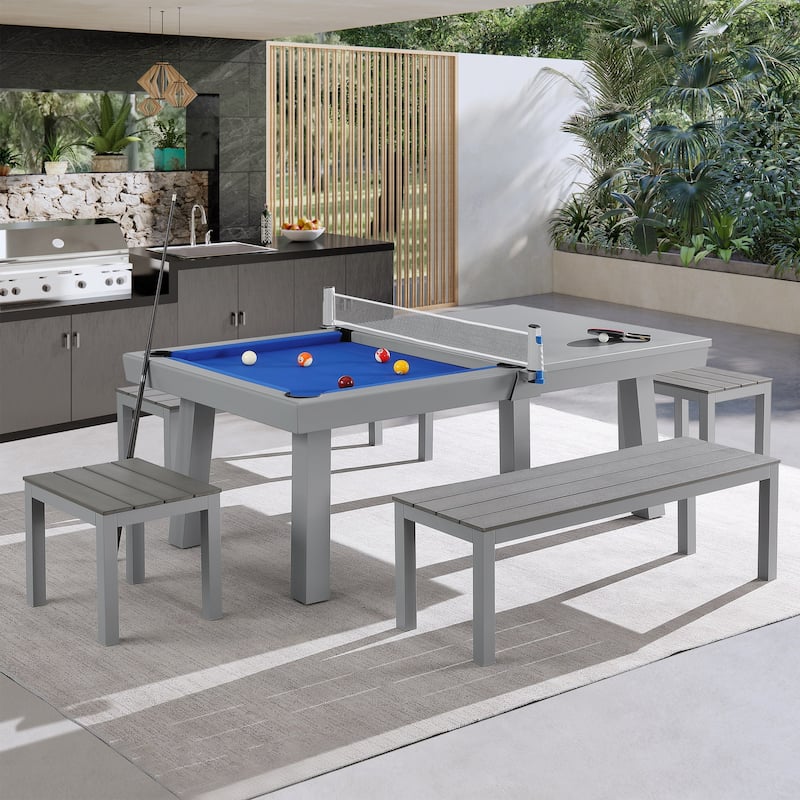 Laguna Indoor/Outdoor 8ft Slate Pool Table 6-Seater Dining Set with 4 Benches & Accessories, Cement Finish