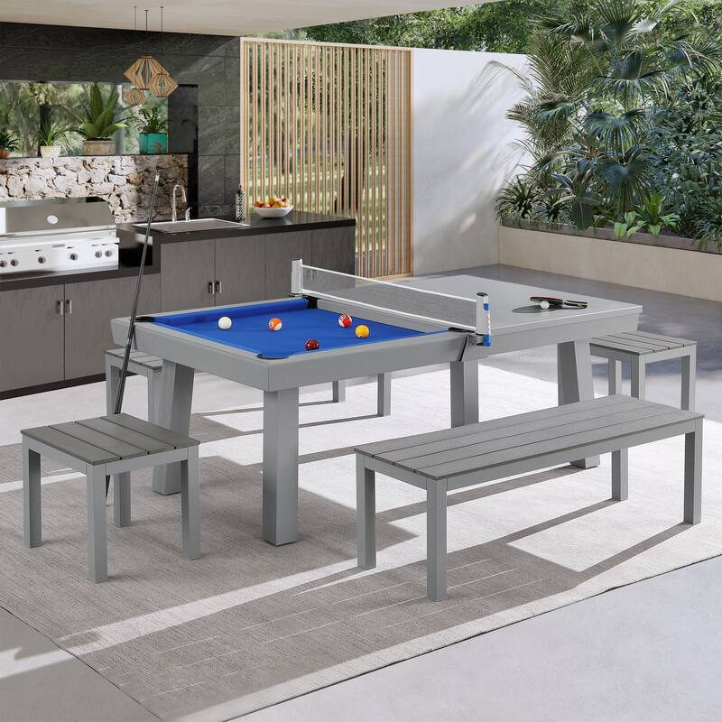 Laguna Indoor/Outdoor 8ft Slate Pool Table 6-Seater Dining Set with 4 Benches & Accessories, Cement Finish