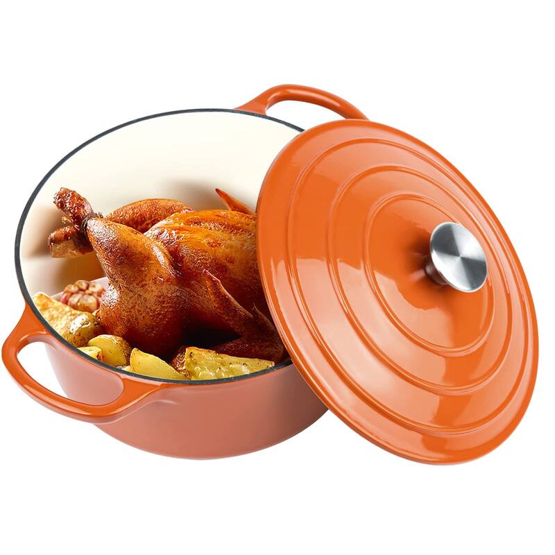 6 QT Enameled Dutch Oven Pot with Lid, Cast Iron Dutch Oven with Dual Handles Non-stick Enamel Coated Cookware - Orange