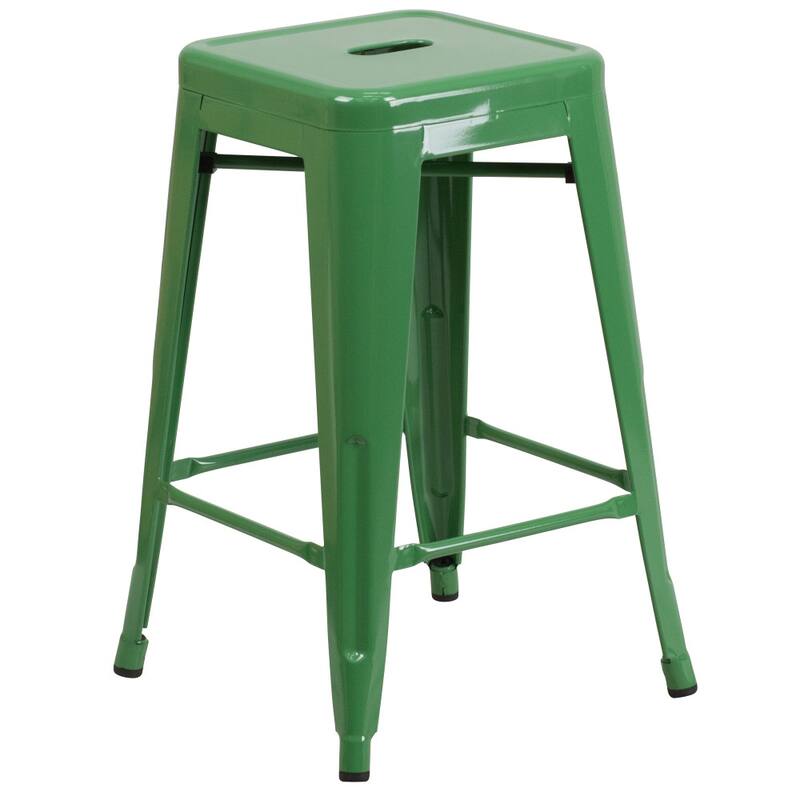 24" High Backless Metal Indoor-Outdoor Counter Height Stool w/Square Seat - Green