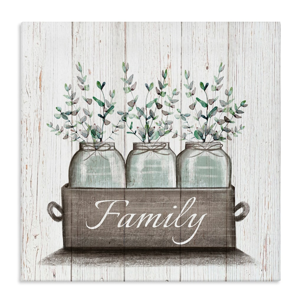 Stupell Green Eucalyptus Foliage Jars with Family Sentiments Canvas Wall Art - Brown
