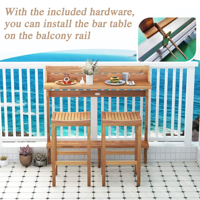 Outdoor 3-Piece Acacia Wood Bar Table Set with Footrest and Curved Seat - 48" L x 15" W x 48" H