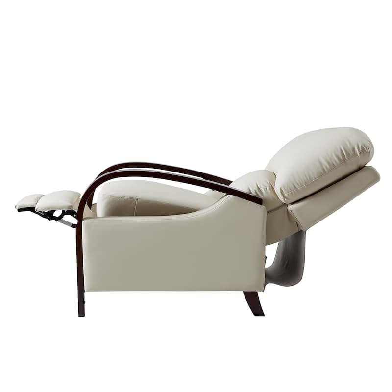 Alex Mid-century Modern Genuine Leather Manual Recliner with Wooden Curved Arms