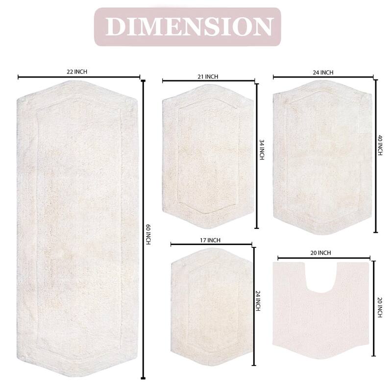 Waterford Collection 100% Cotton Non-Slip Bathroom Rug Set, Machine Washable Bath Rug, 5 Piece Bath Mat Set with Contour
