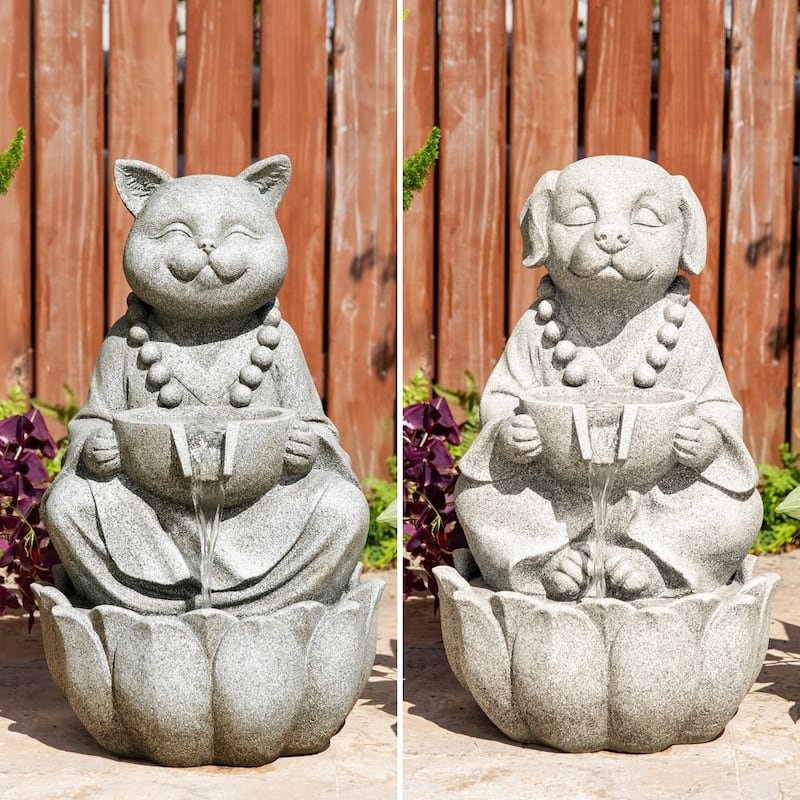 Glitzhome 21.75"H 2-Tiered Zen-Style Polyresin Cat Dog Statue Outdoor Fountain with LED Lights