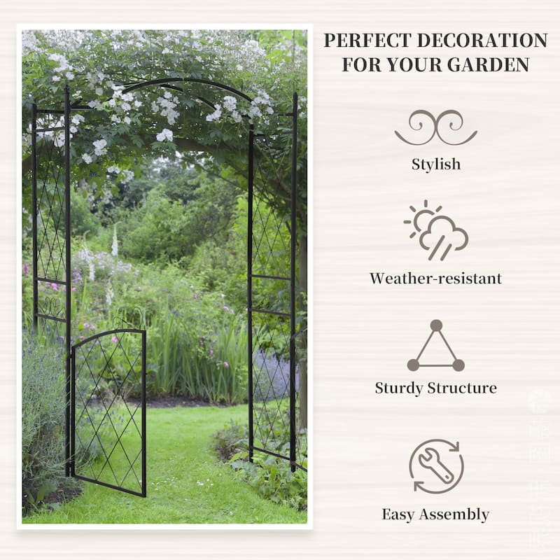 85" Garden Arch Arbor, Metal Arch Trellis with Gate, Garden Archway for Climbing Vines, Wedding Ceremony Decoration, Black