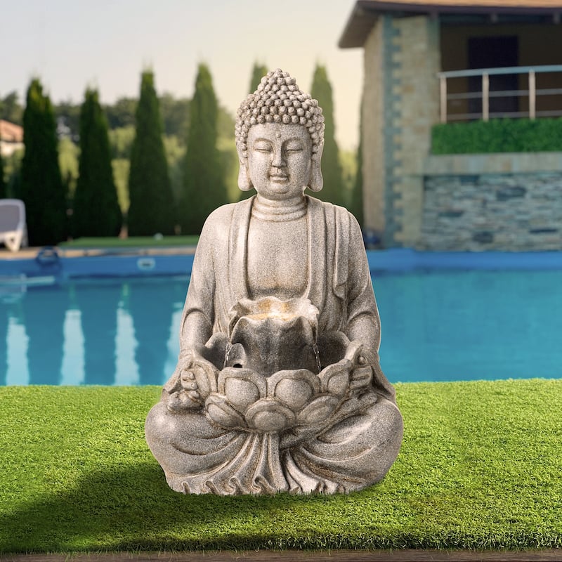 Glitzhome Polyresin Meditating Buddha Frog/Elephant Statue Outdoor Water Fountain with LED Lights