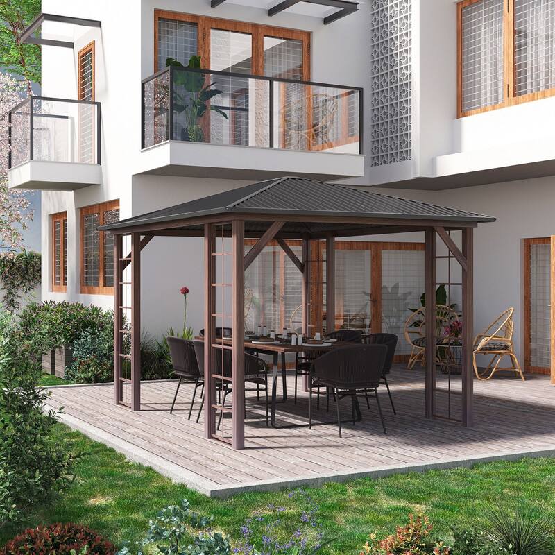Outsunny 10' x 12' Hardtop Gazebo with Galvanized Steel Roof, Wood Grain Steel Frame - Brown