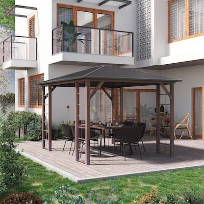 Outsunny 10' x 12' Hardtop Gazebo with Galvanized Steel Roof, Wood Grain Steel Frame