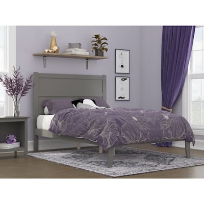 Full Bed Frame Grey Modern Platform Bed Wood Slat Support Charging Station