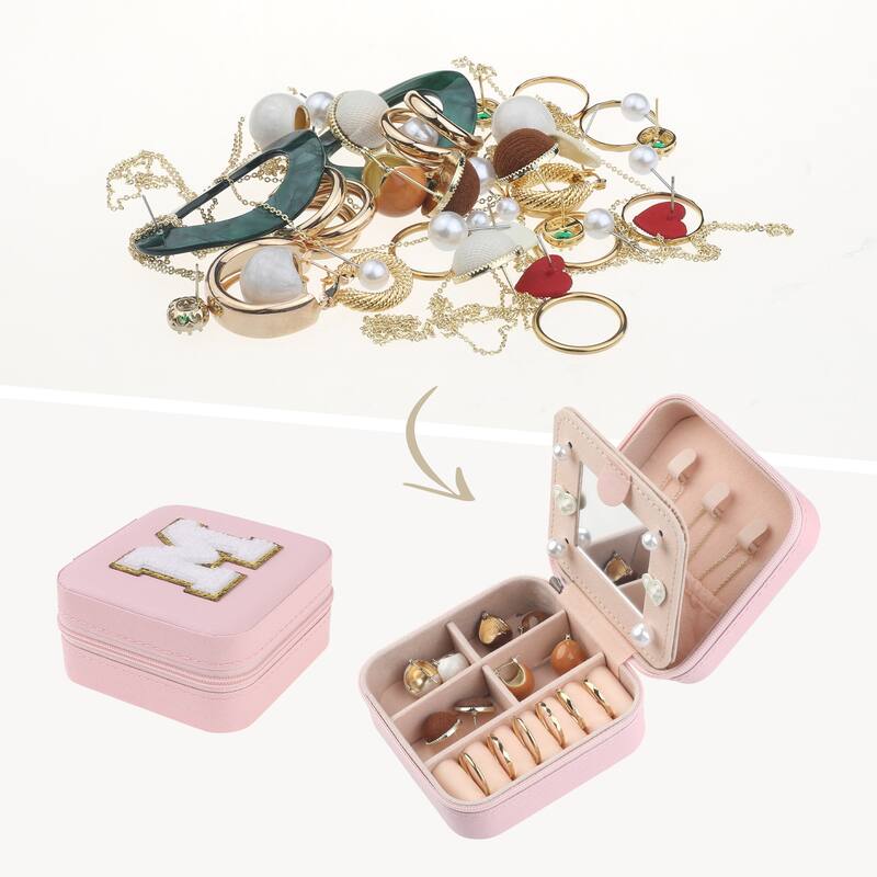 Travel Jewelry Box with Mirror for Women Girls Gifts, Mini Portable PU Leather Jewelry Organizer Case Storage Display Holder - M