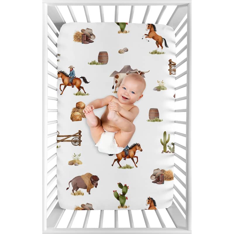 Sweet Jojo Designs Western Cowboy Boy Fitted Mini Portable Crib Sheet Wild West Southern Country South Horse Cow Farm Animal Tan