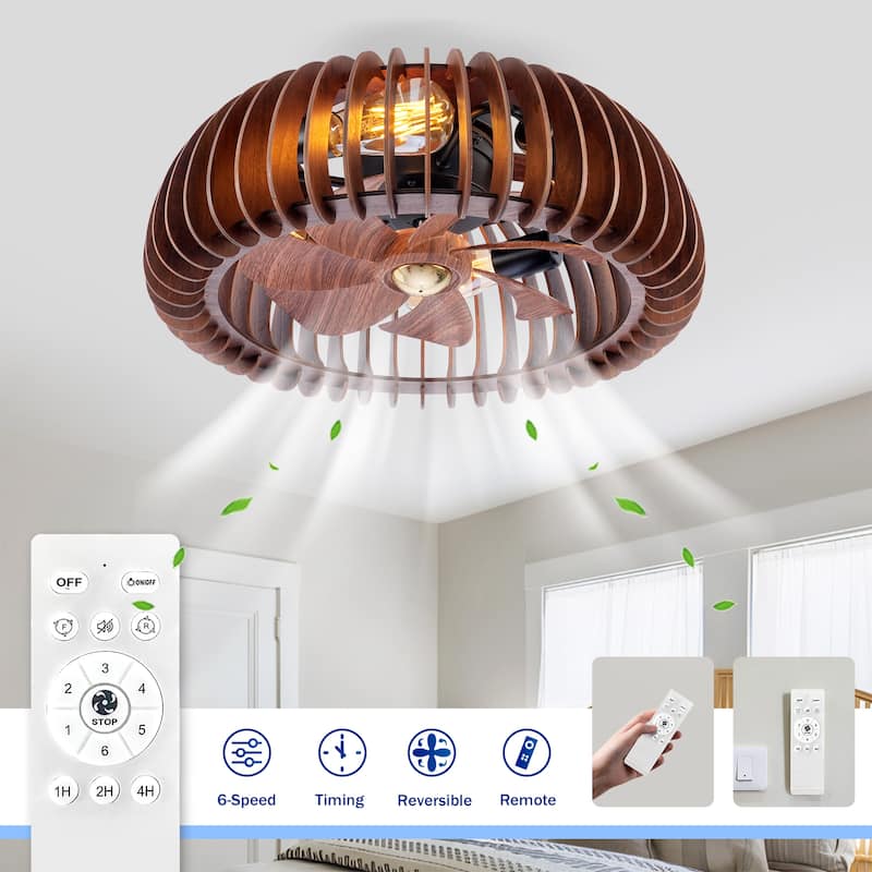 19.7" Farmhouse Flush Mount Ceiling Fans with Lights and Remote Control, Rustic Low Profile Wood Ceiling Fan
