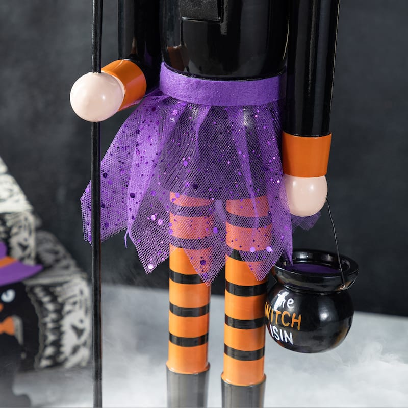 Glitzhome 18.50"H Halloween Wood Witch Nutcracker with Witch Cat Ornament